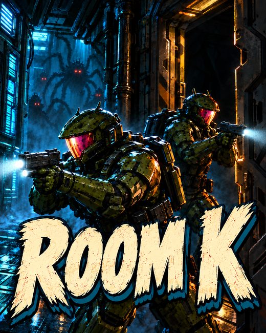 Room K movie poster: an armored crew with pistols in a dark spaceship corridor, glowing eyes behind them