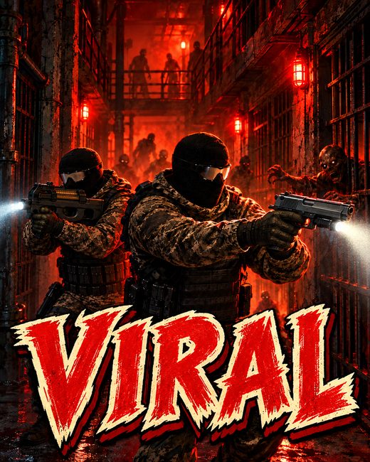 ViRal movie poster: a masked tactical crew in a red-lit prison block as zombies close in