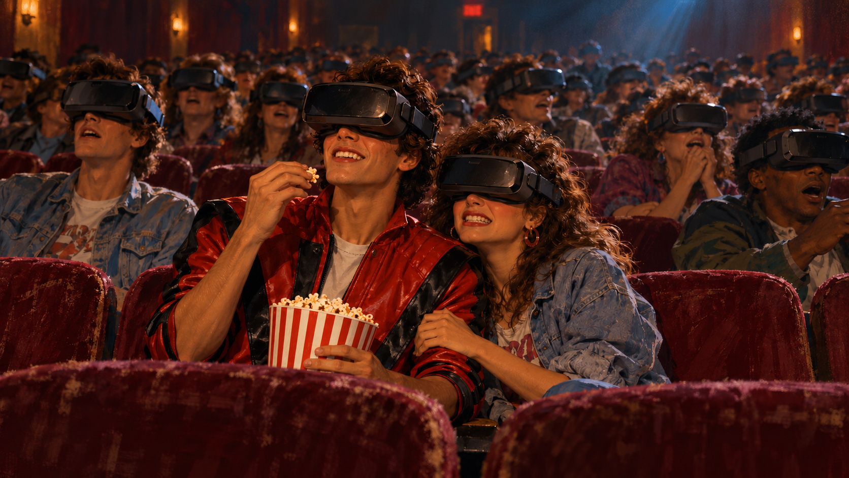 An 1980s movie theater full of people wearing VR headsets; in the front row a couple shares popcorn, one holding the other's arm