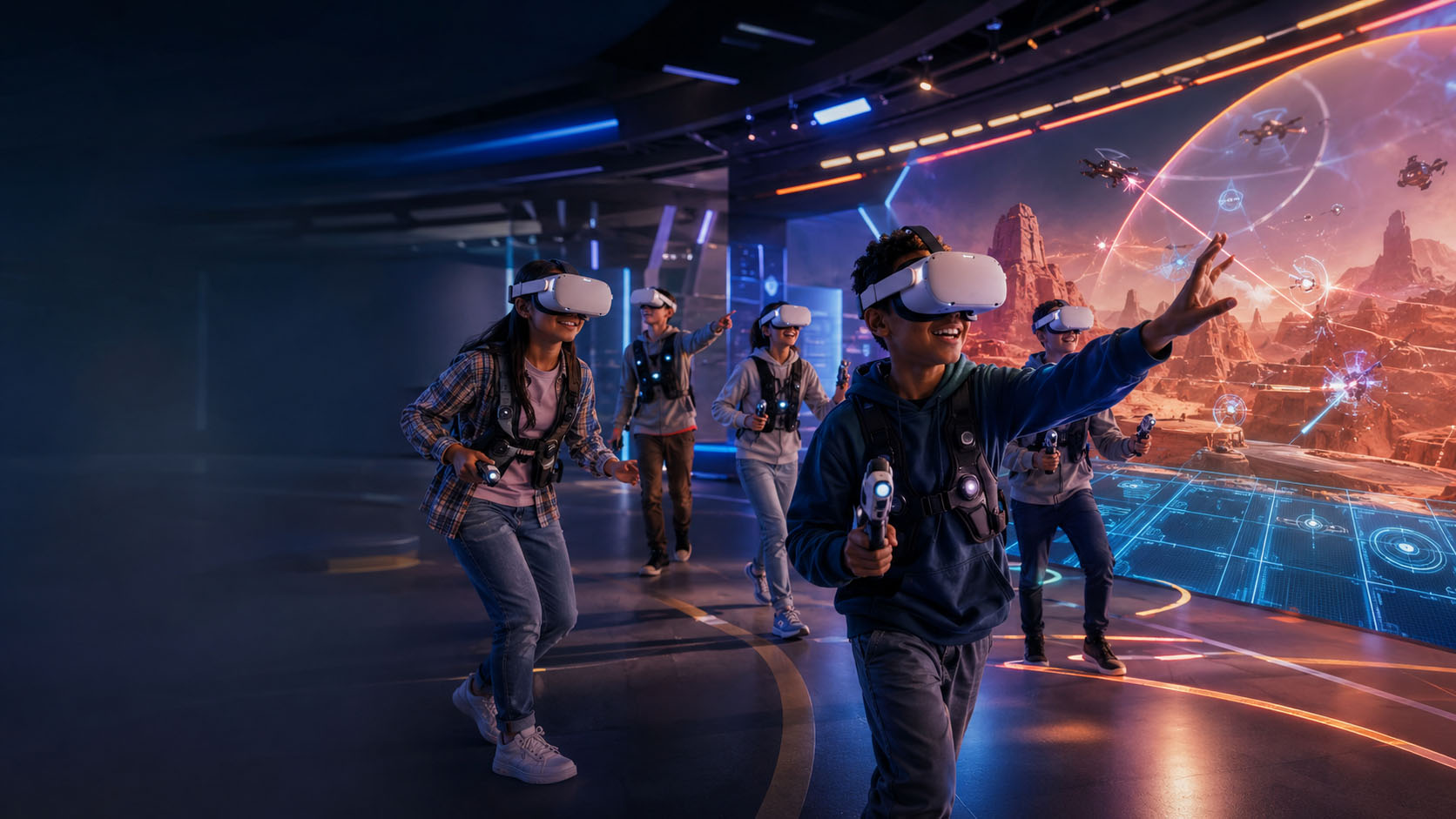 A group of campers mid-experience in Tidal Force VR headsets.