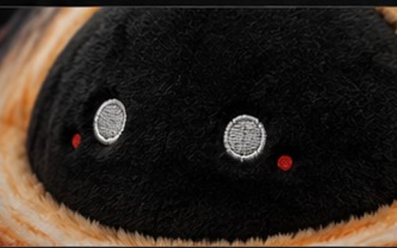 Close-up of the plushy's two embroidered eyes.