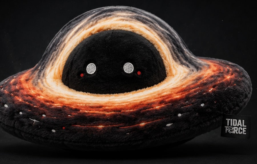 The Tidal Force plushy — a soft black hole with a glowing orange accretion disk and two embroidered eyes.